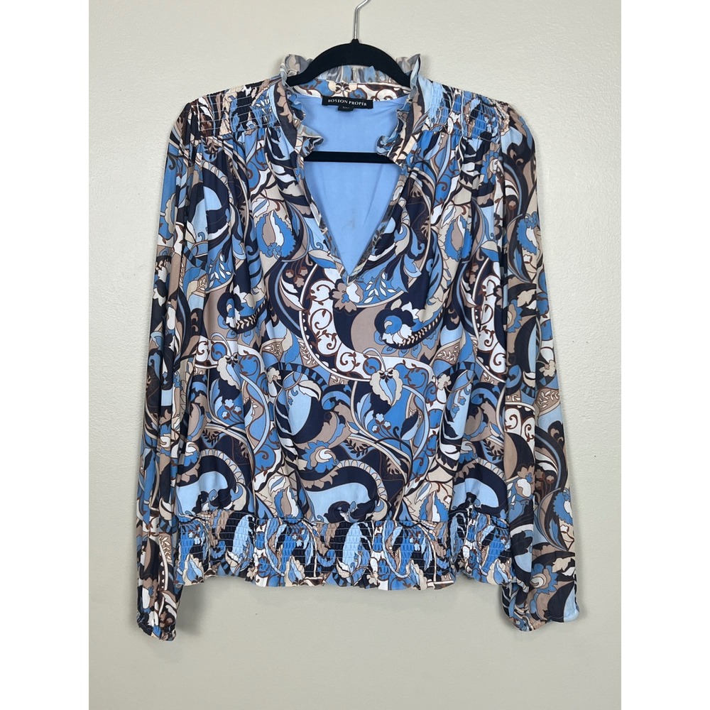 Boston Proper Blue Paisley Mesh Smocked Hem Blouse L 2CP4430
